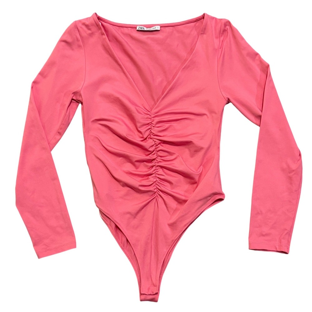 ZARA‎ Ruched V Neck Long Sleeve Bodysuit Coral Pink Size L